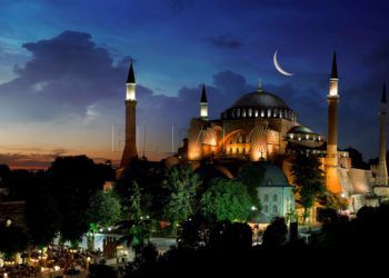 View of Hagia Sophia after sunset, Istanbul Turkey