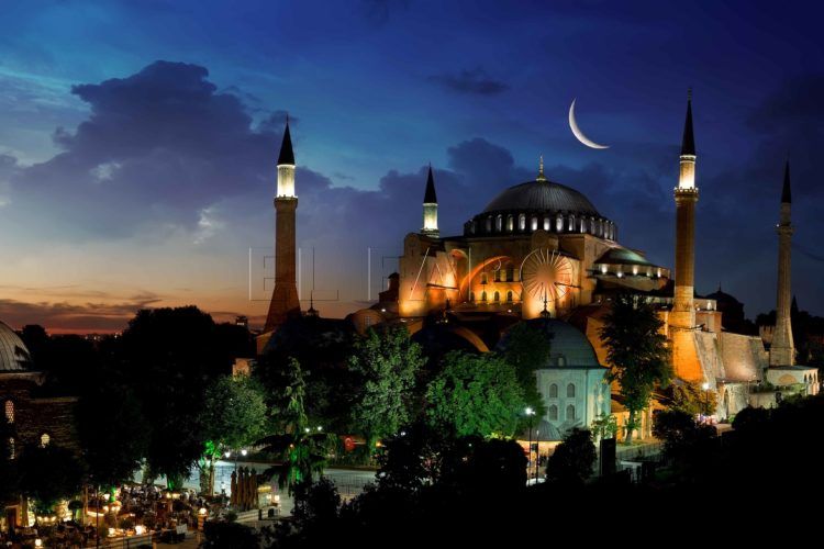 View of Hagia Sophia after sunset, Istanbul Turkey