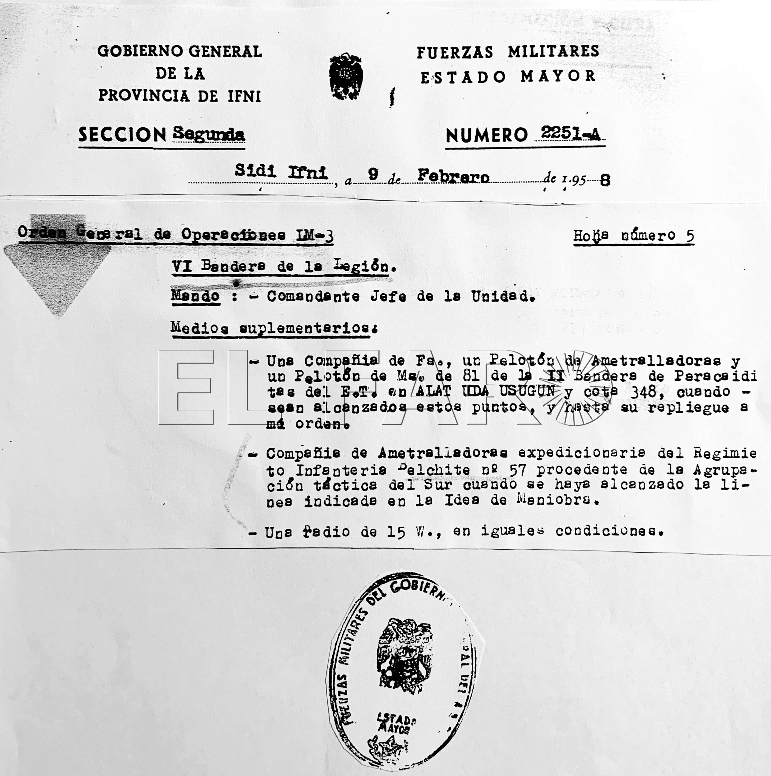 Documento del Gobierno General de Ifni citando a la Compañía Belchite en una acción de guerra junto a la VI Bandera de La Legión