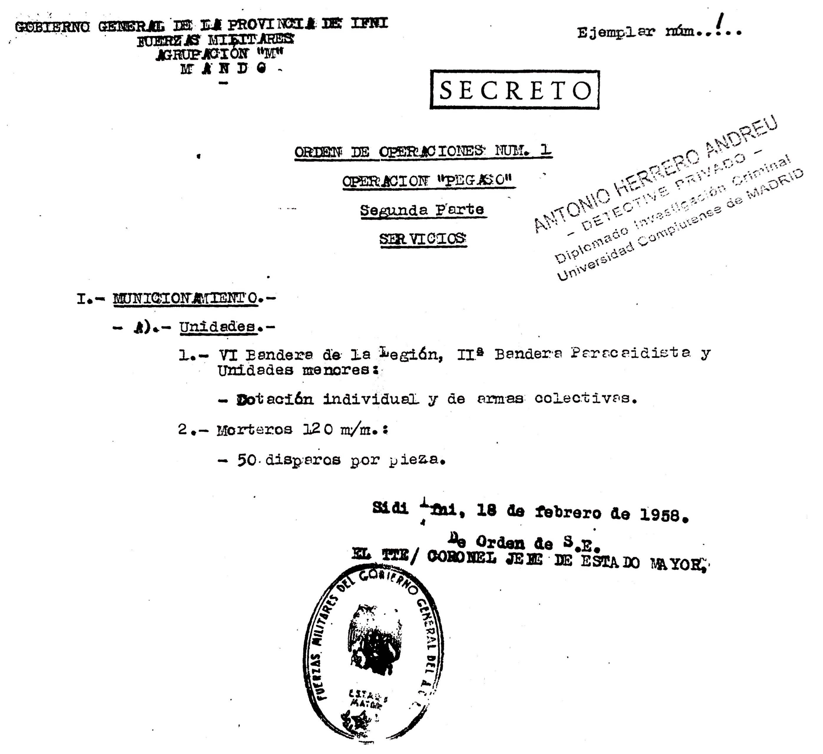 Documento secreto de la Operación Pegaso donde consta la intervención de la VI Bandera de la Legión