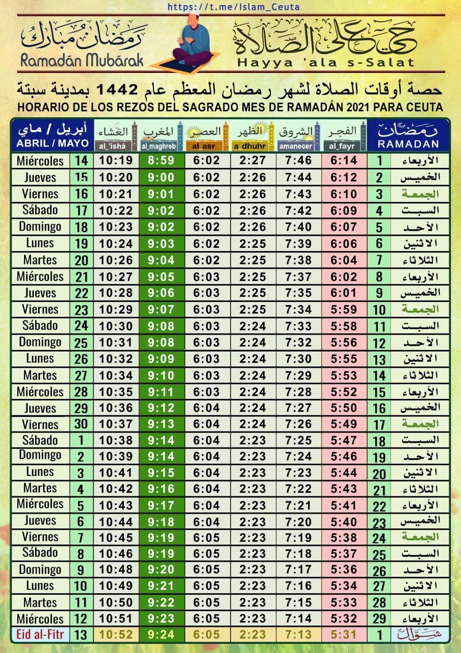 Calendario con los horarios de rezo del Ramadán 2021 para ...