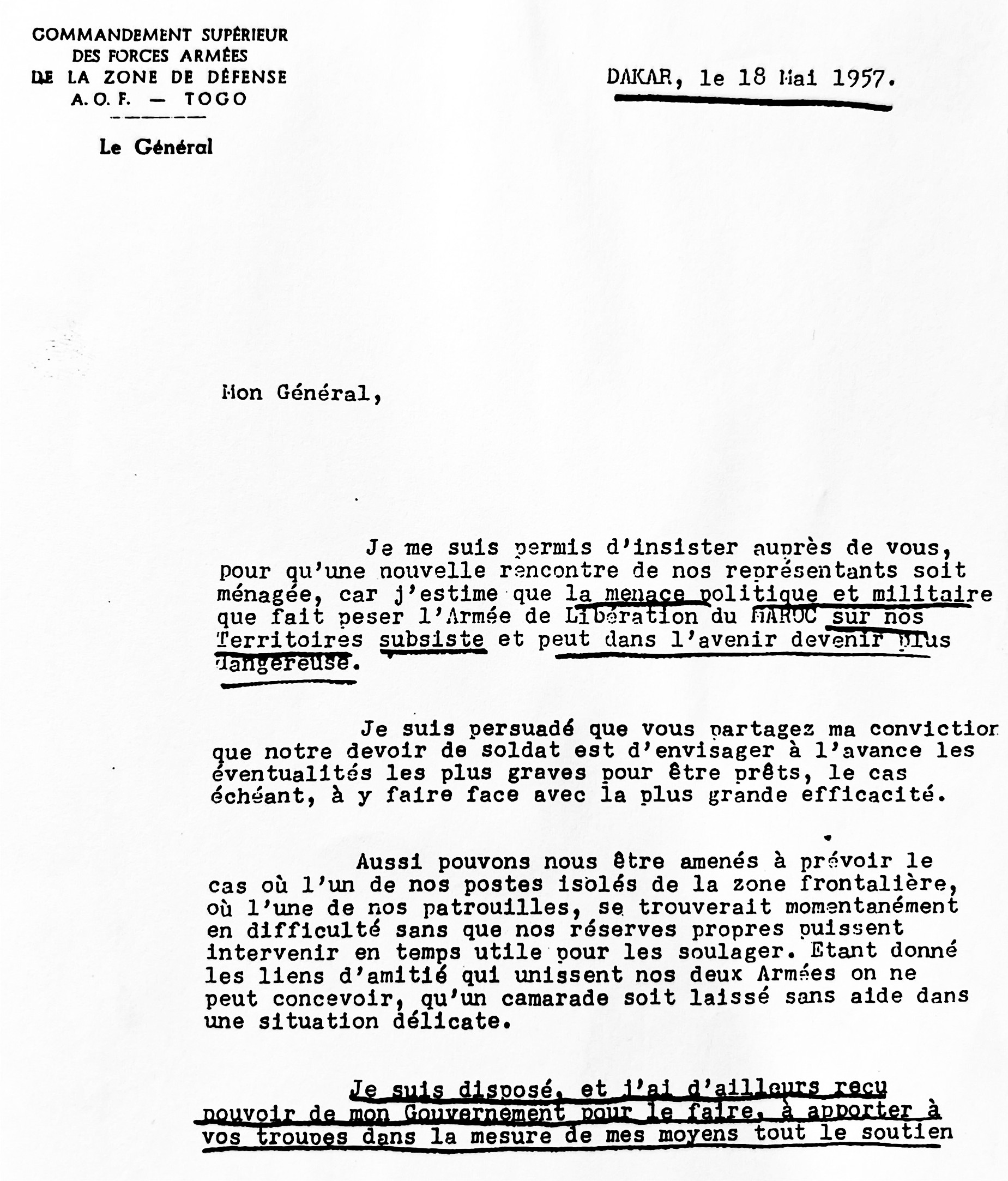 Documento del general Bourgound comunicando al gobernador general de Ifni unas operaciones a realizar entre Españay Francia