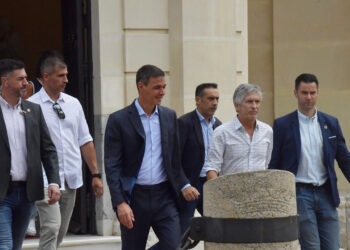 Ceuta /31.07.2026/  Pedro Sanchez y Grande Marlaska enfrontera y a la salida del ayuntamiento de Ceuta